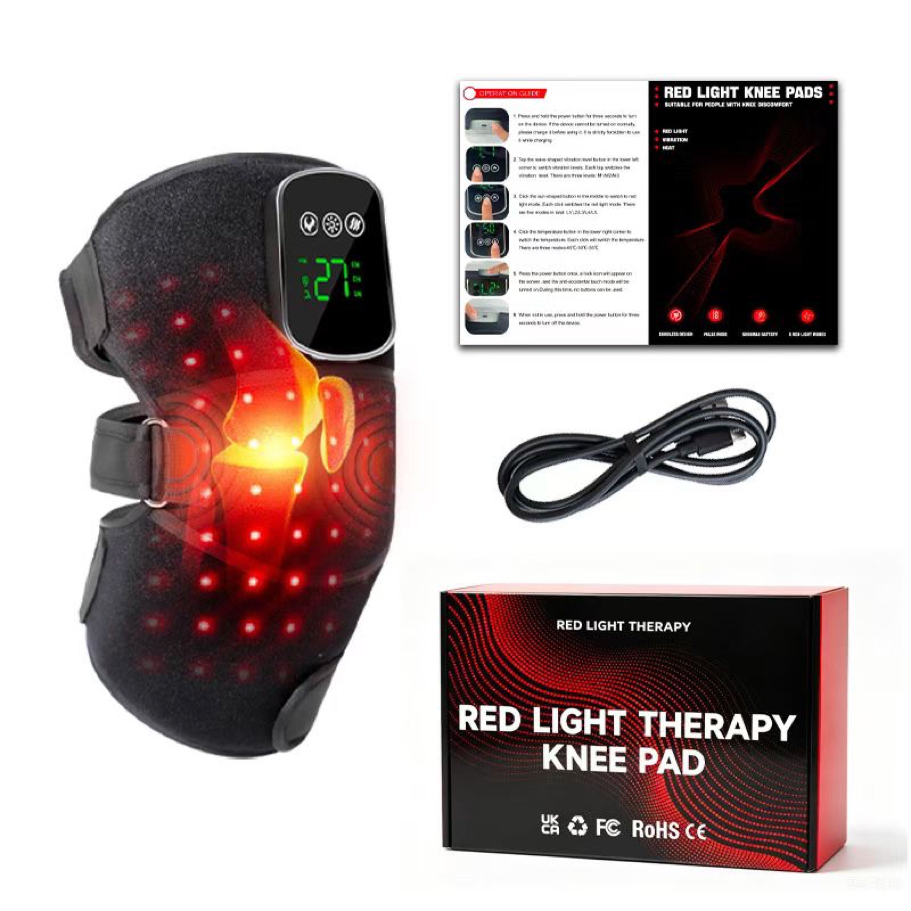 Red light therapy knee wrap worn on the knee, shown with box and charging cable
