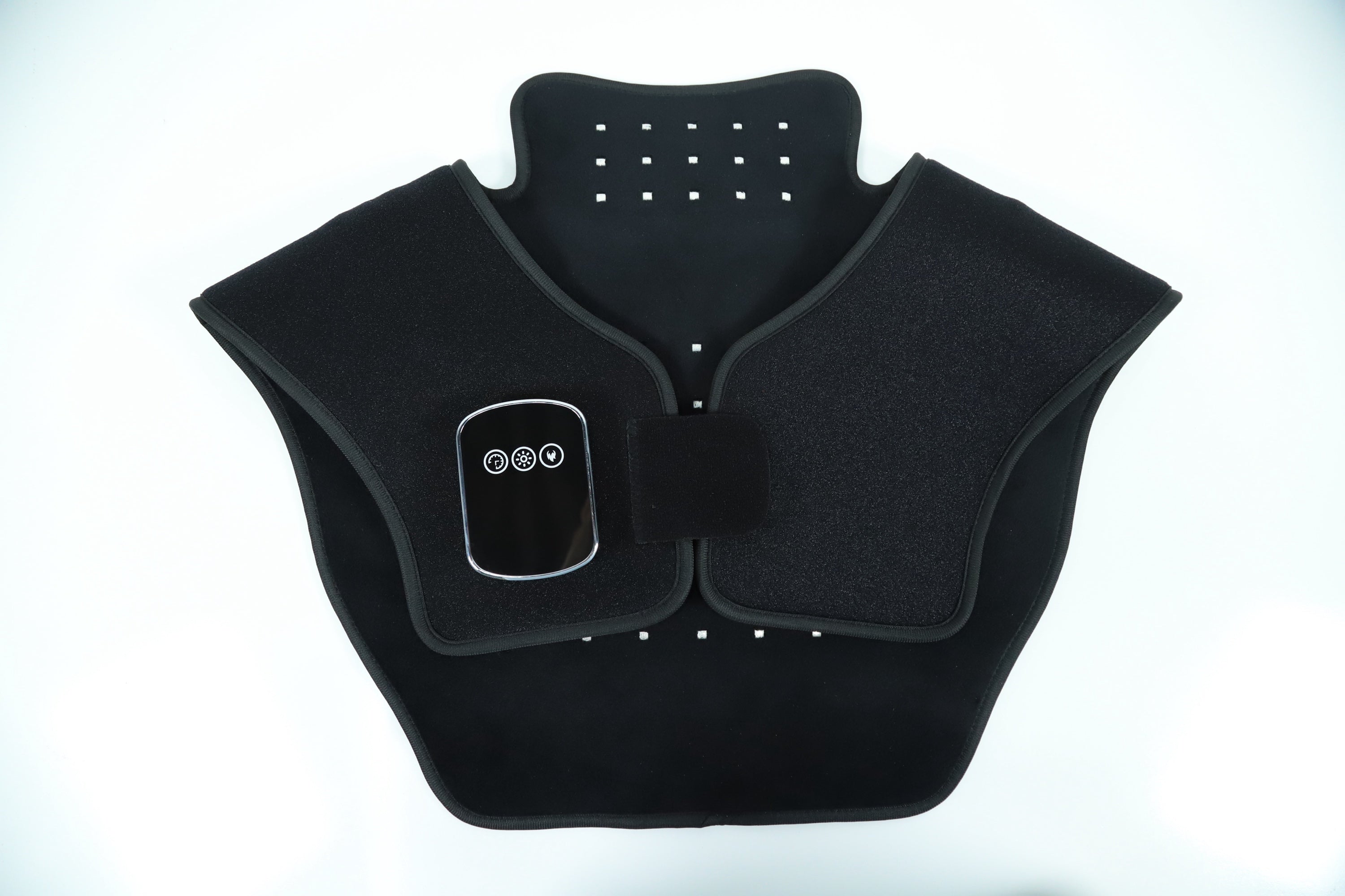 Red light therapy neck and shoulder wrap with heat, front view with controller